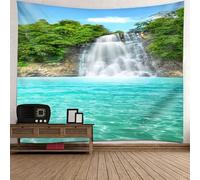 Tolldek Tapisserie Murale Paysage Naturel Vert Marron Bleu Tapisserie Montagne Cascade Lac Tapisserie Tenture Murale Tissu pour Salon Décor, 260x240cm