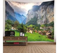 Tolldek Tapisserie Murale Paysage Naturel Vert Tapisserie Murale Village Montagne Serviette Murale pour Salon Décor, Chambre à Coucher,260x240cm