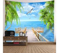 Tolldek Tapisserie murale Pont en bois de coco mer Paysage naturel Tapisserie murale Polyester Décoration murale pour salon Décor Bleu Orange Marron 150 x 150 cm