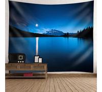 Tolldek Tapisserie murale, rivière, forêt, montagne, nuit, paysage, nature, XXL, polyester, décoration murale pour salon, chambre d'enfant, bleu, noir, 350 x 256 cm