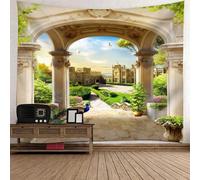 Tolldek Tapisserie murale vert/beige 300 x 256 cm, paysage naturel, architecture européenne, tapisseries murales pour salon, chambre d'enfant