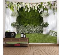 Tolldek Tapisserie Murale Vert Blanc 300 x 256 cm, Paysage Nature Tapisseries De Mariage Fleurs Mur Fond Serviette Murale Convient Pour L'Art De La Décoration Murale