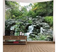 Tolldek Tapisserie murale vert gris blanc 300 x 256 cm paysage nature arbre pierre rivière tapisseries tentures murales pour nappe de table décoration de chambre à coucher