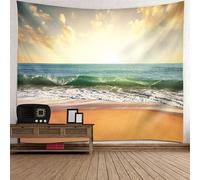 Tolldek Tapisserie murale vert marron 150 x 130 cm, paysage naturel, plage, vagues marines, tenture murale pour salon, chambre à coucher