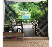 Tolldek Tapisserie murale vert marron 300 x 256 cm, paysage naturel, pont en bois, arbre, lac, tapisseries murales pour décoration de salon