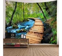 Tolldek Tapisserie murale vert marron bleu 300 x 256 cm paysage naturel arbre rivière pont en bois tapisserie tenture murale accessoires pour chambre à coucher, salon, chambre d'enfant