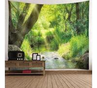 Tolldek Tapisserie murale verte 200 x 200 cm, paysage naturel, fleuve, plante, arbre, tapisserie, tentures murales pour nappe de salon, décoration