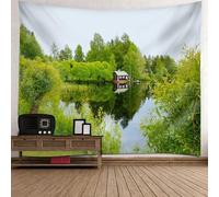 Tolldek Tapisserie murale verte 300 x 256 cm, paysage nature tapisserie murale lac maison tenture murale serviettes murales pour salon décor