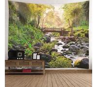 Tolldek Tapisserie murale verte, 300 x 256 cm, paysage naturel, pierre rivière, pont en bois, tapisserie murale, convient pour la décoration murale