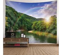 Tolldek Tapisserie murale verte 300 x 256 cm, paysage naturel Tenture murale Rivière Arc-en-ciel Tapisserie Tenture murale pour salon Décor