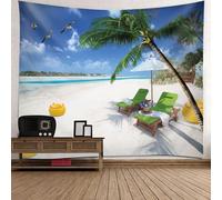 Tolldek Tapisserie murale XXL - Motif paysage naturel - Plage - Chaise longue - En coco - XXL - Polyester - Pour chambre, dortoir, beige bleu vert - 350 x 256 cm