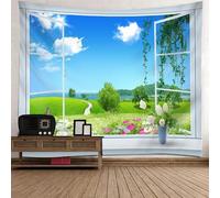 Tolldek Tapisserie Nature Paysage 150 x 150 cm Fenêtre Jardin Tapisserie Murale Tenture Blanche Bleu Vert Tapisserie Murale Tenture Murale Convient pour Décoration Murale Art