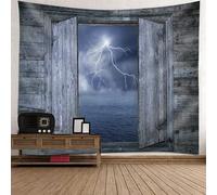 Tolldek Tapisserie Nature Paysage 350 x 256 cm Fenêtre Foudre Mer Serviette Murale Gris Bleu Tapisserie Tenture Murale Tapisserie pour Salon Chambre d'enfant