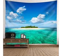 Tolldek Tapisserie Nature Paysage Bleu Vert Blanc Tissu Mer Île Ciel Tapisseries Décoration pour la Maison pour Nappe Chambre Décoration 210 x 140 cm