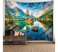 Tolldek Tapisserie Paysage Nature 350 x 256 cm, Lac Arbre Montagne Serviette Murale Bleu Vert Tenture Murale Décoration Maison pour Salon Décoration Murale