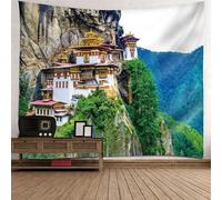 Tolldek Tapisserie Vert 200x200cm Nature Paysage Tapisserie Rétro Architecture Montagne Tapisserie Murale Décoration pour Appartement