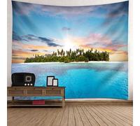 Tolldek Tenture murale, Île de mer Paysage Tapisserie Murale Paysage Naturel Polyester Décoration de Maison pour Salon, Chambre à Coucher, Gris Bleu Vert, 150 x 130 cm