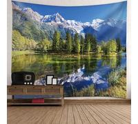 Tolldek the carpet - Tapis mural bleu vert - 200 x 200 cm - Paysage naturel - Décoration murale lac arbre montagne tapisserie pour chambre à coucher, salon, chambre d'enfant