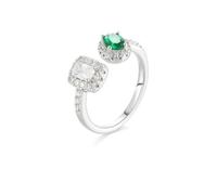 Tolldek Véritable bague solitaire au 375/585/750 or blanc avec émeraude ovale vert laboratoire Bague ouverte Taille 47-65, Or blanc 14 carats (585), Émeraude créée en laboratoire. Moissanite