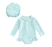 Tollder Maillot de bain une pièce à manches longues et fermeture éclair pour fille Motif floral, D-vert avec chapeau, 9-12 mois
