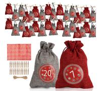 TolleTour 24 Calendriers de l'Avent à remplir, Sacs cadeaux en tissu Noël pour calendriers de Noël, Sacs pour calendriers de l'Avent avec 1-24 chiffres de l'Avent étiquettes cadeaux,Rouge/Gris