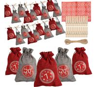 TolleTour 24 Calendriers de l'Avent à remplir, Sacs cadeaux en tissu Noël pour calendriers de Noël, Sacs calendrier de l'Avent avec 1-24 chiffres de l'Avent étiquettes cadeaux papier kraft,rouge/gris