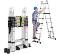 TolleTour Échelle télescopique Alu léger Antidérapant 1,9m+1,9m Argent Escabeau multifonctionnel Échelle multi-usage Échelle extensible 15 marches Escabeau en aluminium de haute qualité Capacité de ch