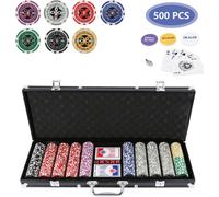 TolleTour Mallette de poker 500 jetons Laser Pokerchips Poker 11.5 grammes , 2 cartes, distributeur, petite blind, boutons de grosse blind et 5 dés, avec boîtier en aluminium Mallette noire