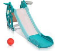 TolleTour Toboggan pour enfants 4-en-1 Toboggan pour enfants Aire de jeux pliable avec panier de basket-ball Anneau de lancer Appareil d'apprentissage de l'anglais Vert
