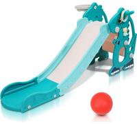 TolleTour Toboggan pour enfants Toboggan de jardin 4 en 1 Aire de jeux pour enfants avec panier de basket-ball Anneau de lancer Appareil d'apprentissage de l'anglais Vert