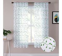 Tollpiz Lot de 2 Rideaux Transparents Courts avec Motif Feuilles Vertes brodées avec Passe-Tringle pour Salon, 137,2 x 114,3 cm de Long