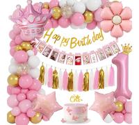 TOLOYE Decoration Anniversaire 1 An Fille, Rose Ballon 1 An Décoration Anniversaire avec Baby Mois Bannière de Photo, Foil 1 Ballons, Bannière Anniversaire pour Deco Anniversaire 1 An Bebe Fille
