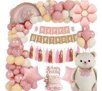 TOLOYE Decoration Anniversaire Fille, Kit Anniversaire Fille avec Géant Ballons Ours, Banderole Joyeux pour 1 2 3 4 5 6 7 8 9 ans Décoration Baptême