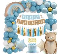TOLOYE Decoration Anniversaire Garcon, Kit Anniversaire Garcon avec Géant Ballons Ours, Bleu Ballon pour 1 2 3 4 5 6 7 8 9 ans Décoration Baptême