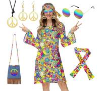 TOLOYE Deguisement Hippie Femme, Deguisement Année 60 Année 70 avec Lunettes Accessoires 60s 70s, Deguisement Disco Femme, Costume Hippie Robe Hippie Boheme pour Cosplay Carnaval Bal Masqué (XL)