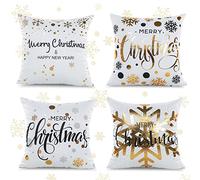 TOLOYE Housse de Coussin Noël, 4 Pièces Housse de Coussin Decoration, Taie d'oreiller de Noël imprimée Noël Flocon de Neige Décorative, Coussin taie d'oreiller noël pour Canapé, Chambre