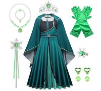 TOLOYE Robe Princesse Fille, Deguisement Princesse Fille Ensemble Costume Vert Emeraude avec Cape et Couronne, Gants, Bijoux, pour Fête d’Anniversaire, Carnaval ou Halloween Cosplay, Âge 3-12 Ans