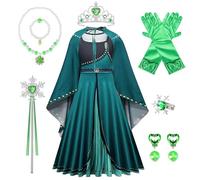 TOLOYE Robe Princesse Fille, Deguisement Princesse Fille Ensemble Costume Vert Emeraude avec Cape et Couronne, Gants, Bijoux, pour Fête d’Anniversaire, Carnaval ou Halloween Cosplay, Âge 3-12 Ans