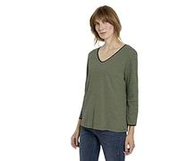 TOM TAILOR 1022681 T-shirt à Manches Longues avec Col en V Femme ,25211 - Green Navy Popcorn Structure ,L