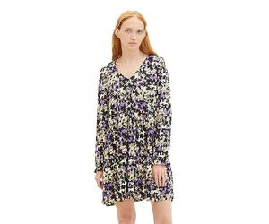 TOM TAILOR col en V Robe Femme en Jean avec Volant et Encolure en V, 32418-imprimé Fleuri Vert Lilas, L Dames