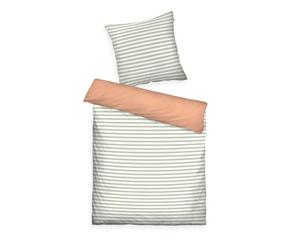 TOM TAILOR Linge de Lit, 80x80+135x200 cm, 100% Coton/Percale, Motif Réversible, Passepoil Coloré sur l'Oreiller et Fermeture Eclair, STRIPES WITH A KICK Vert Clair, Pêche (Green Leaf & Juicy Peach)