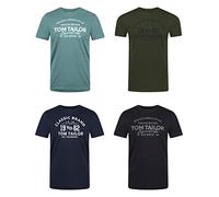 TOM TAILOR Lot de 4 t-shirts à col rond et manches courtes pour homme Coupe droite Imprimé été 100 % coton Noir Blanc Vert Rouge Bleu Gris, Woodland Green (10373), XXL