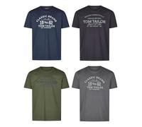 TOM TAILOR Lot de 4 t-shirts à col rond et manches courtes pour homme Coupe droite Imprimé été 100 % coton Noir Blanc Vert Rouge Bleu Gris
