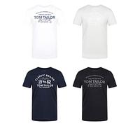 TOM TAILOR Lot de 4 T-shirts pour homme à col rond et manches courtes, coupe régulière, imprimé, pour l'été, 100 % coton, noir, blanc, vert, rouge, bleu, gris, 3XL