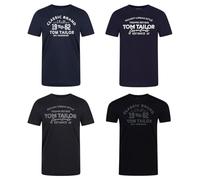TOM TAILOR T-shirt pour homme, lot de 4 pièces, col rond, manches courtes, coupe régulière, imprimé estival, 100% coton, noir, blanc, vert, rouge, bleu, gris, L