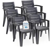 Tomaino - Lot de 6 chaises de jardin en plastique maya - empilables avec accoudoirs et dossier à lattes - Chaise de jardin pour extérieur, terrasse ou bar - Noir
