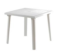 Tomaino - Table de jardin en plastique carrée - Table en plastique pour l'extérieur pour 4 places avec pieds démontés et trou pour parasol - Petite table d'extérieur blanche