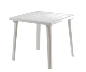 Tomaino - Table de jardin en plastique carrée - Table en plastique pour l'extérieur pour 4 places avec pieds démontés et trou pour parasol - Petite table d'extérieur blanche