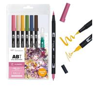 Tombow ABT Dual Brush Pen Set Manga Aquarelle Flower, set de 6 ABT + pinceau à réservoir d'eau, modèles de coloriage & tutoriel vidéo [ABT-6P-MANGA-FLOWER], bleu
