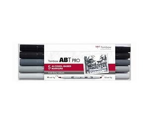 Tombow ABTP-5P-4 Marqueur à base d'alcool ABT PRO à deux pointes, set de 5 pièces, Cold Grey Colors